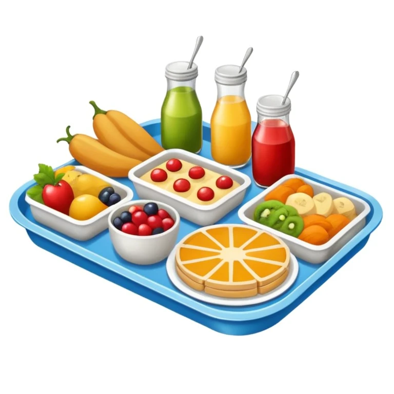colorful meal tray on a canteen table, friendly and convivial atmosphere emoji