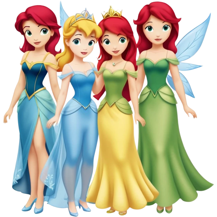 four minimal Disney princesses in one image: Belle with yellow dress, Tinkerbell with wings, Ariel with red hair and tail, Cinderella with blue dress emoji