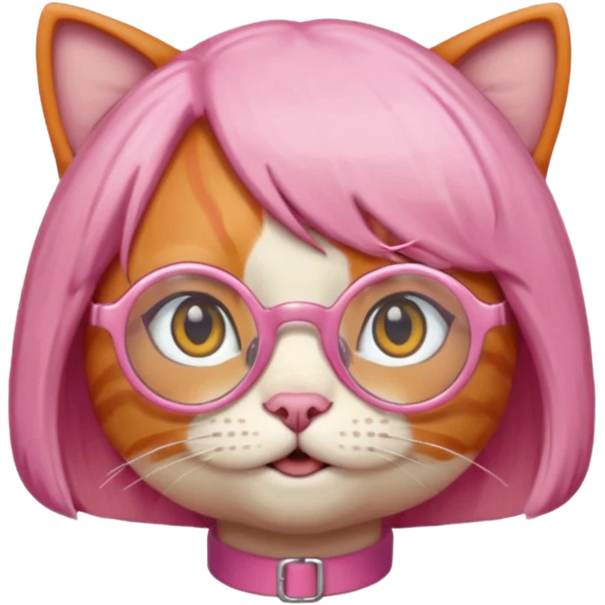 Orange Yellow cat wearing pink bob hair wig, circle glasses emoji