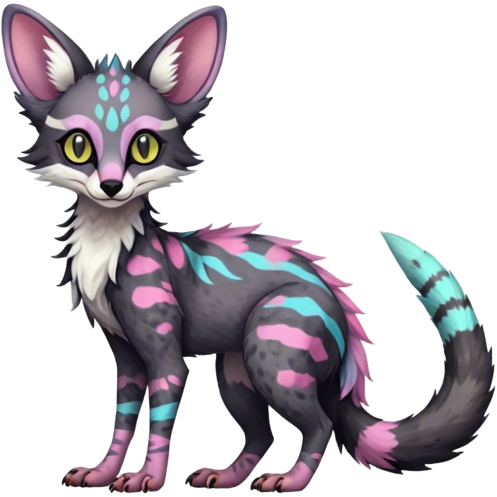 Feral Rare Fantasy dark colorful pastel vibrant tropical Vernid-Sergal-Genet-Trico-species by LiLaiRa, random markings, tufted tail, tufted ears, full body emoji