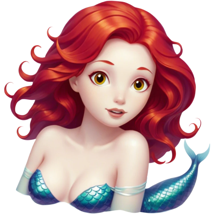 Cinematic Realistic Red Hair Mermaid Portrait, head tilted playfully and inquisitively, showcasing an ethereal form with finely detailed, flowing red hair against luminous porcelain skin. Her bright, curious eyes sparkle like hidden gems beneath the gentle caress of underwater light, rendered with lifelike clarity and warm, filtered illumination—capturing the essence of a spirited mermaid ready to splash playfully into your imagination. emoji