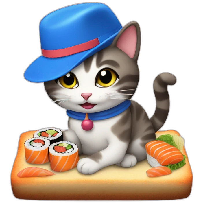 cat with blue hat eating sushi birthday cake emoji