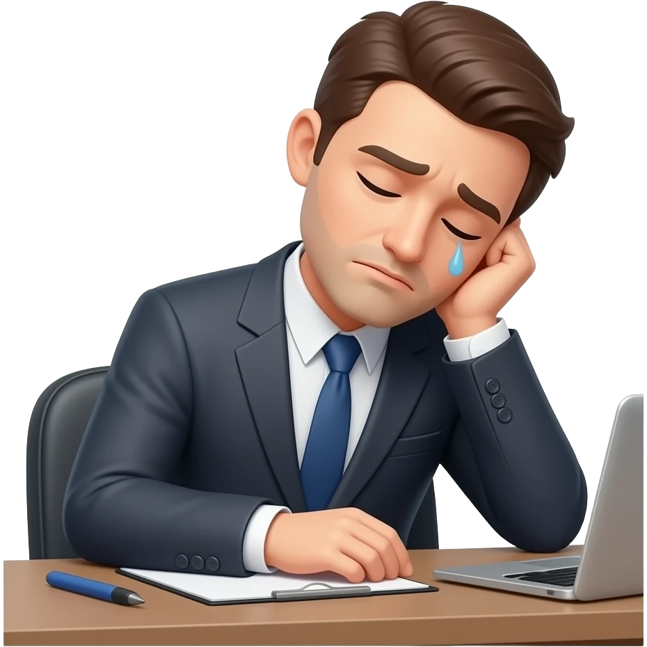 hombre con traje,CANSADO,sentado,reposandose en su escritorio,simple emoji