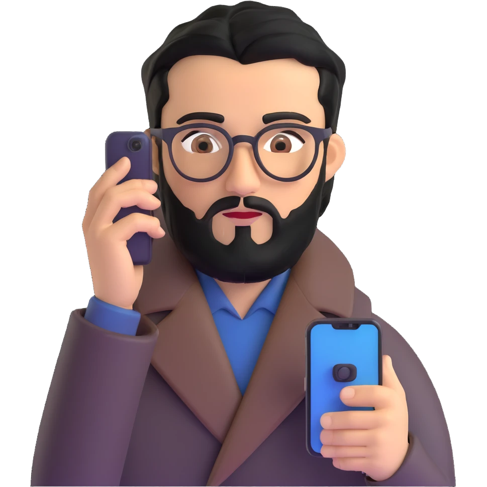professional man with medium black beard, black hair combed to one side, connected unibrow, olive tan skin, brown eyes, glasses, prominent nose, wearing black coat, intently looking at and interacting with smartphone screen, with subtle office background emoji