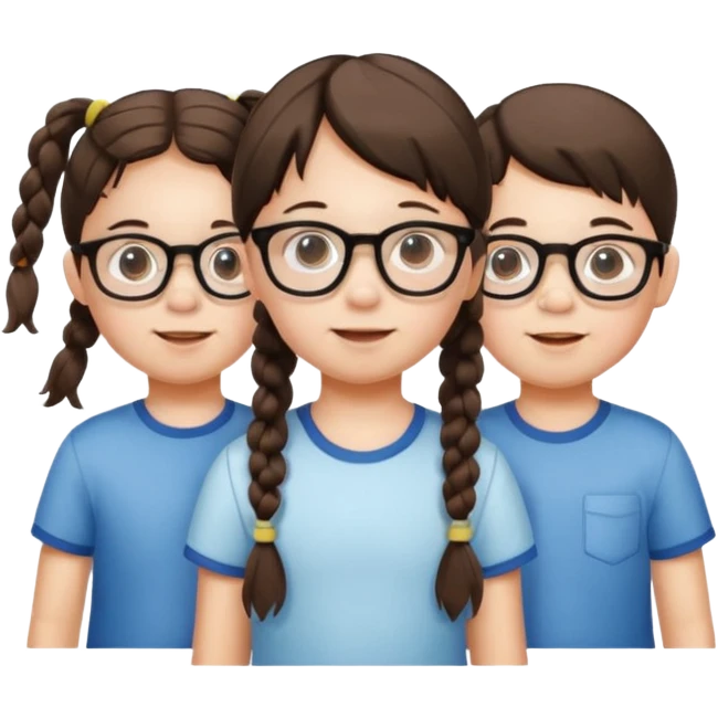 Triplets, one girl, two boys with glasses, young children emoji