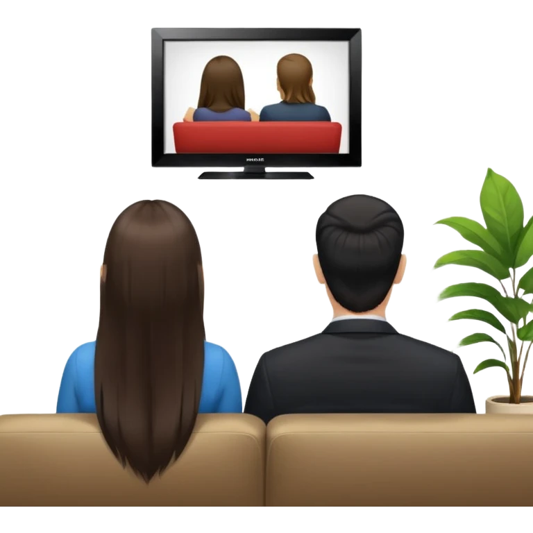 A man and a women long hir  photographed from behind, sitting on a sofa and watching the news on TV on a modern flat screen. The setting is a living room. emoji