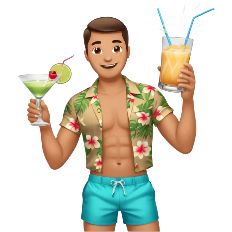 human male Unbuttoned Hawaiian shirt, swim trunks, shaking a cocktail shaker (sparks flying) emoji