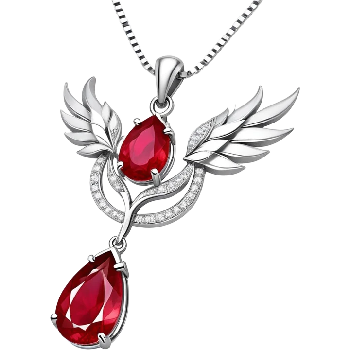 conceptual and ethereal teardrop ruby pendant with fiery light, a tiny phoenix feather emerging, haloed by shimmering white stones, and a silver chain, symbolizing rebirth emoji