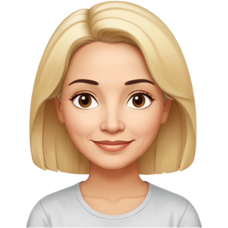 Puerto Rican actress Linette Torres in her 50s with warm light skin, sweet loving expression, gentle kind eyes, well-defined eyebrows, straight nose, warm nurturing smile, shoulder-length blonde hair, wearing a comfortable casual t-shirt emoji