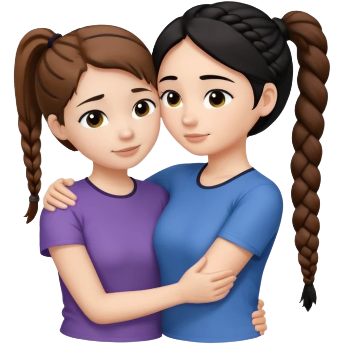 Comforting Hug two white skin women, one shorter woman with brown hair in simple top ponytail, not braided, and one taller woman with black hair in long side braid emoji