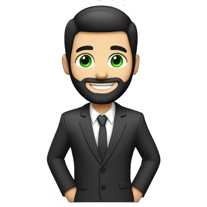Finance white guy, green eyes, suit, beard like 3 days, big smile. crewcut black hair emoji