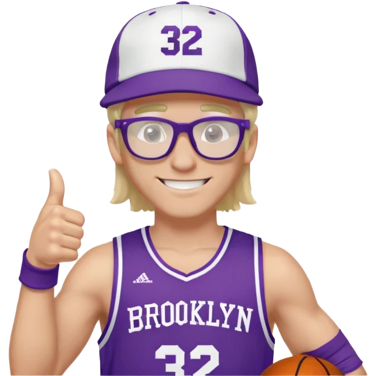 
Мужчина одет в фиолетовую спортивную майку с надписью "BROOKLYN CITY" и жёлтым номером "32" на груди. На нём ярко-красные шорты. Бело-чёрная кепка с надписью VANOMAS. Очки с прозрачными линзами. Длинные светло-русые волосы прическа маллет. Улыбается, показывает "палец вверх" (жест "лайк"). В целом выглядит довольным и расслабленным.
 emoji