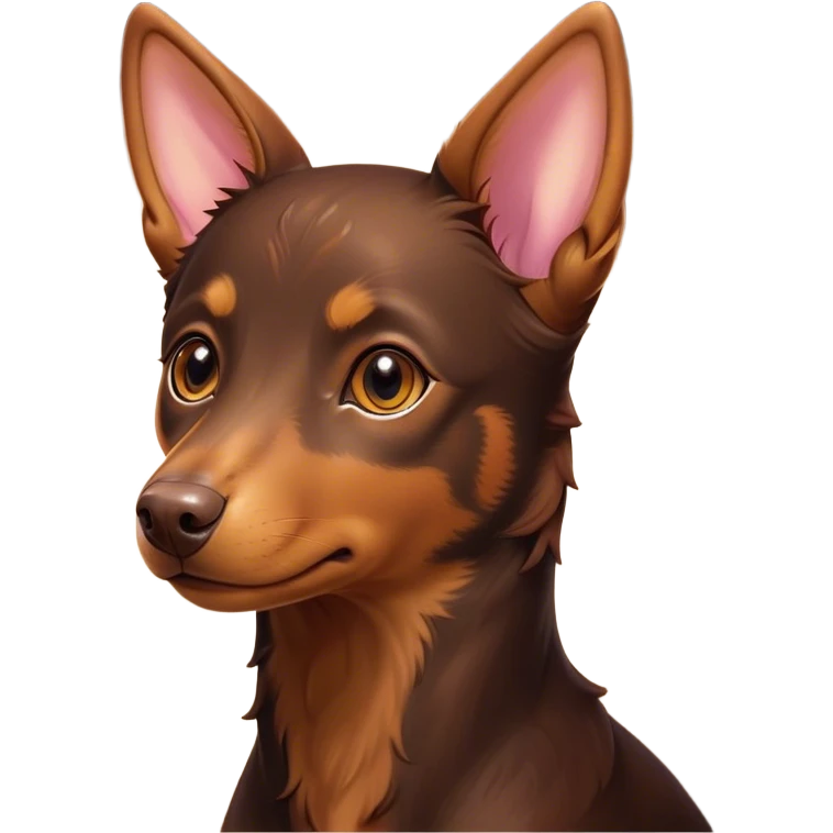 Cinematic Cute Brown and Tan Kelpie Portrait Emoji, Head tilted playfully and inquisitively, featuring a glossy brown Fur with vibrant tan accents, round, sparkling warm eyes filled with curiosity, Simplified yet irresistibly adorable features, highly detailed, glowing with a warm, friendly glow, high shine, affectionate and spirited, stylized with a touch of whimsy, bright and endearing, soft glowing outline, capturing the essence of a mischievous yet loving herder, so playful it feels like it could leap out of the screen and into your arms! emoji