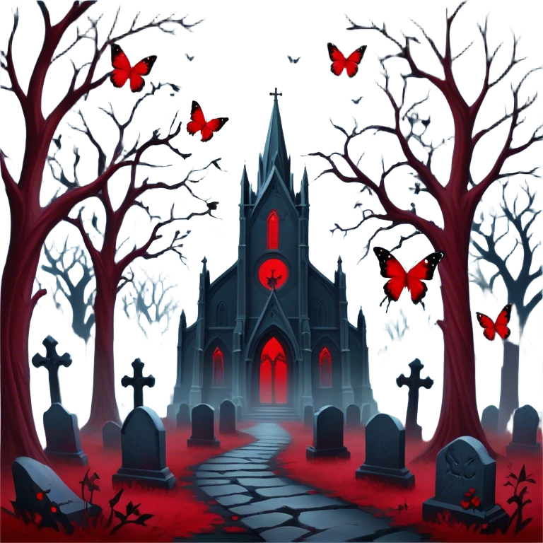 Moonlit graveyard shrouded in mist, eerie red butterflies with blood-like patterns hover near twisted trees. Dark cathedral looms in the background, a ghostly figure watches in silence." emoji