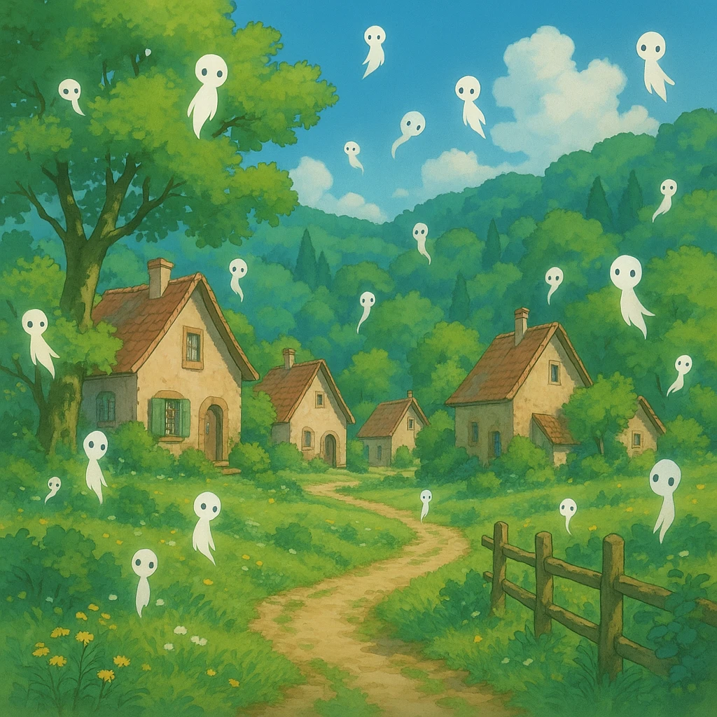 peaceful village with lush greenery and floating spirits, ghibli style emoji