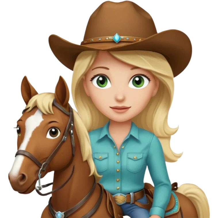 one blonde with light blue green eyes cowgirl on a horse emoji