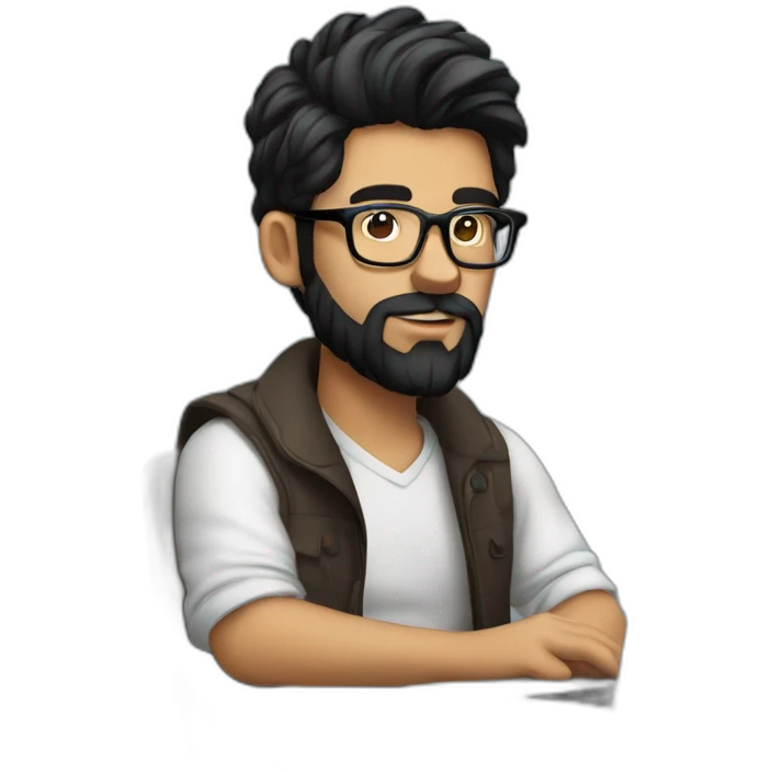 Designer with black hair, beard and glasses working with MacBook and drinking cappuccino  emoji