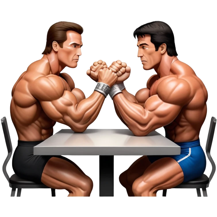 Arnold Schwarzenegger and Sylvester Stallone from 'Over the Top,' locked in an arm wrestling battle, using only their right hands. Their left hands rest on the table. Both display immense strength, with muscular arms flexing, under bright competition lights. Transparent background. emoji