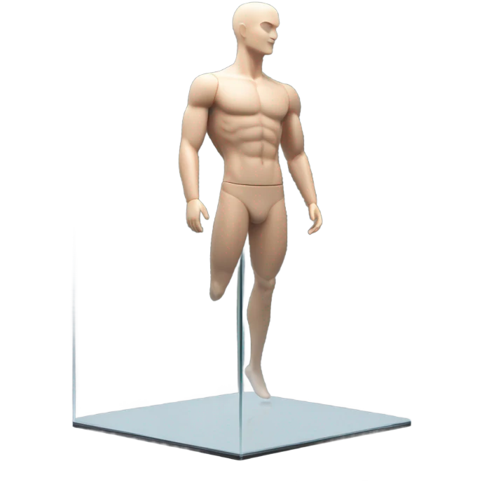 male mannequin abs cubes inside a glass cube on a stand isometric view emoji