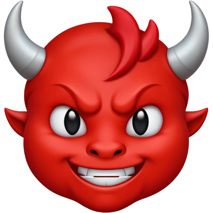 CARTOON STYLE EMOJI of a RED DEVIL FACE with small HORNS pointing up, BLACK EYES, and a MISCHIEVOUS SMILE. The entire face is RED with a smooth glossy texture. BACKGROUND is PURE WHITE, clean and simple. emoji