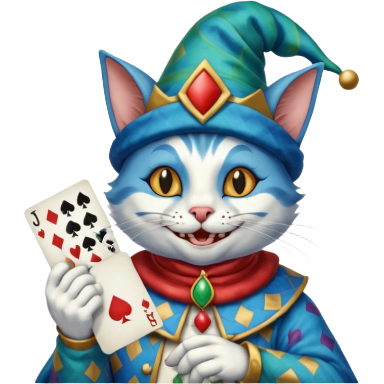 crazy colorful cute little cat jolly joker from poker, medieval, vintage, court jester, mac os icon, blue color, holds a single poker card on the right paw emoji