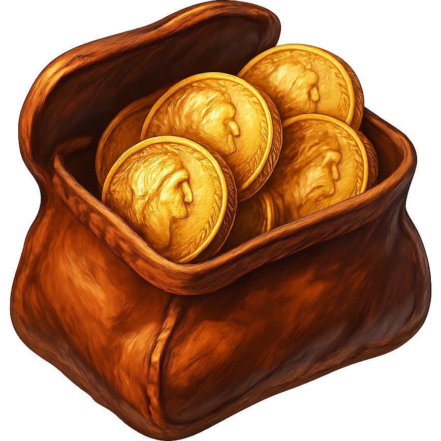 В cлегка рисованной, но при этом объемной и яркой стилистике сгенерируй картинку кожаного кошелька, из которого торчат натуральные фотореалистичные старые золотые монеты. Они должны выглядеть не как пластмассовые, а как настоящее золото. Прозрачный фон emoji