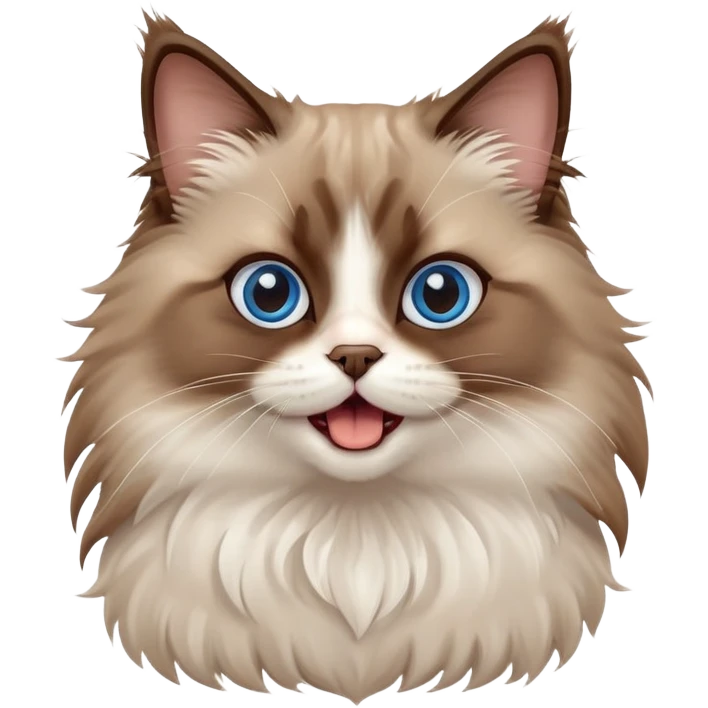 cinematic-adorable-big-eyed-fluffy-brown ragdoll-cat-portrait-emoji,-head-tilted-playfully-with-a-cute,-yawn,-soft-brown-and white-colored-fur-with-darker-points-on-the-ears,-simplified-yet-irresistibly-cute-features, sparkling blue eyes emoji