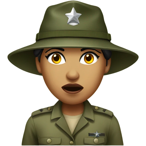 a female drill sergeant showing full torso wearing a classic sergeant hat and a camouflage army shirt. The character should have an angry intense expression.  emoji