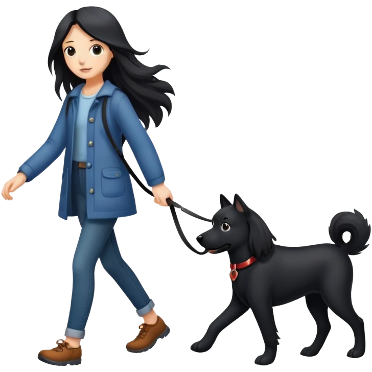 A long-haired girl walking a black dog emoji