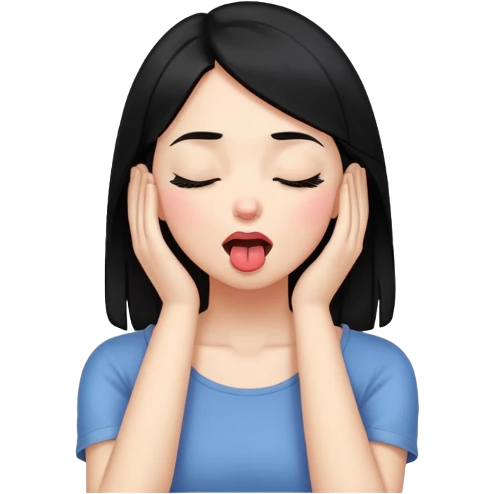 make a girl with black hair have her hands on her neck, eyes closed, tongue out emoji