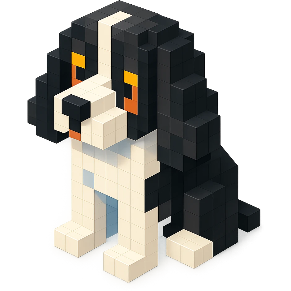Change the pose of the black and white Russian Cocker Spaniel puppy to a sitting position emoji