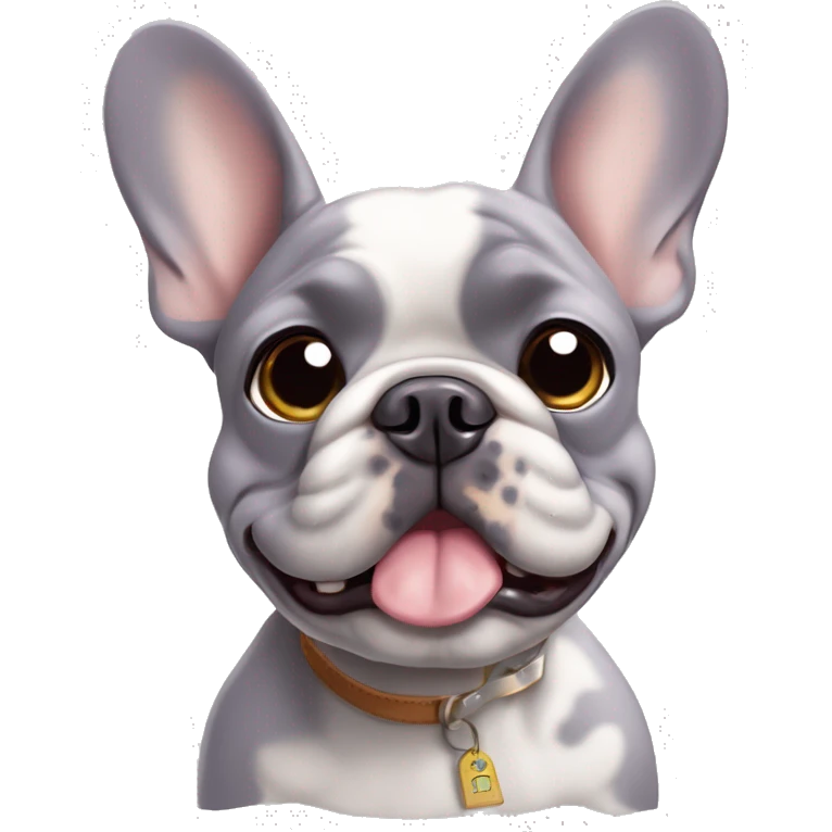 merle lilac french bulldog with name tag that says ricky  emoji