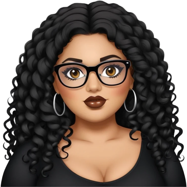 big plus size, latina, darker tan skin, long black curly hair, baddie,pretty, makeup, lipgloss, black eyeliner, long hair, black top, black glasses emoji