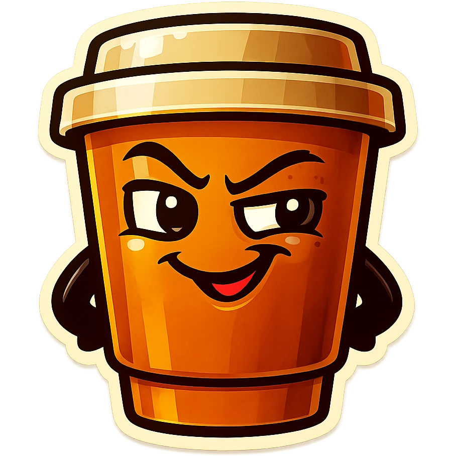 Tall coffee cup, dramatic, naughty flirty, smirking, eyebrow wiggle emoji