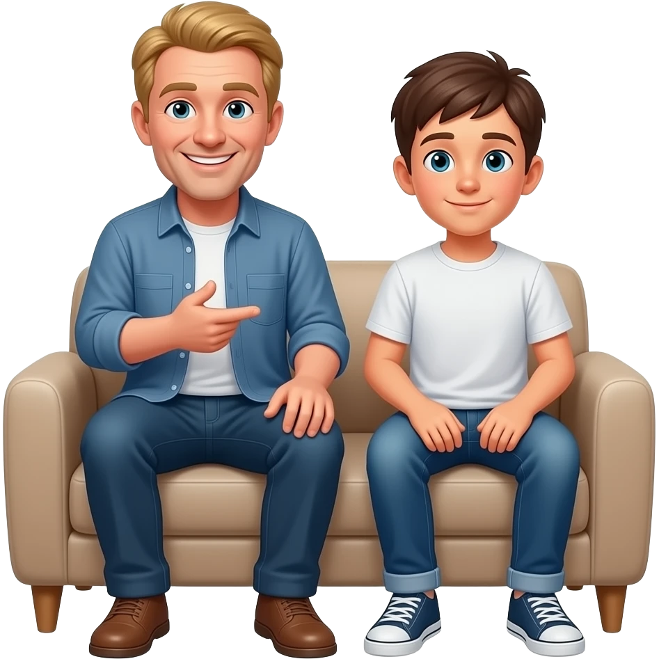 father with blond hair talking to her teenage son wearing a t-shirt and jeans on an armchair emoji