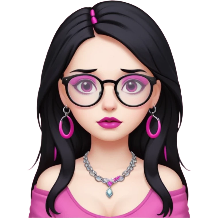 pale girl with multiple piercings, long black hair with pink tips, dramatic makeup, glasses, prominent bust emoji