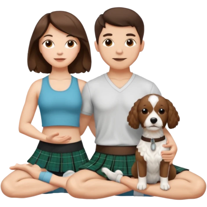 emoji of brunette man wearing kilt, brunette woman in yoga outfit and white cockapoo dog emoji