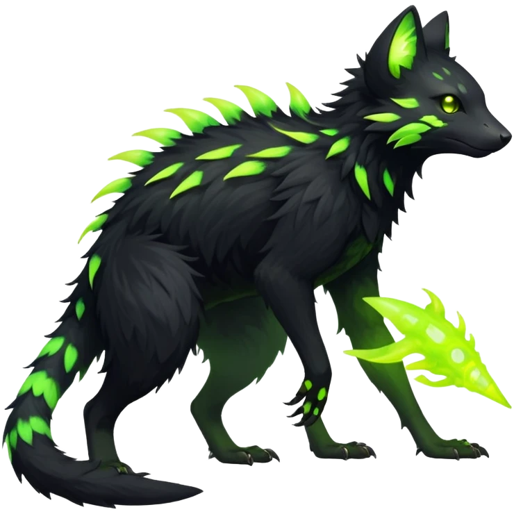 Rare realistic black edgy toxic radioactive-themed black fur with neon-lime-green-glowing  epic handsome gorgeous aesthetic vibrant Vernid-Trico-species-Fakemon-creature by LiLaiRa, 4 legs, 1 tail, random markings, (full body) emoji