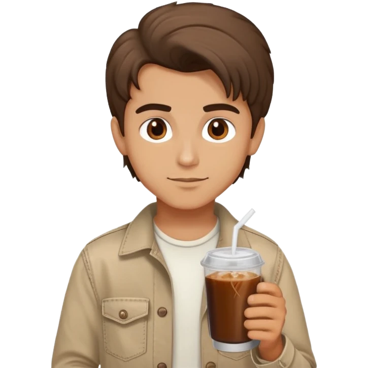 Turkish beautiful finish Konya boy good hair and brown eyes with beige denim clothes and had on his hand hazelnut Cold brew coffee   emoji