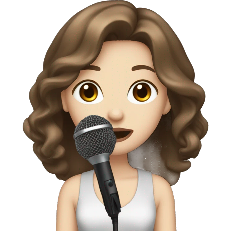 a girl with brown long layered middle parted hair, hazel eyes, pale skin, dark lips, singing into a microphone emoji