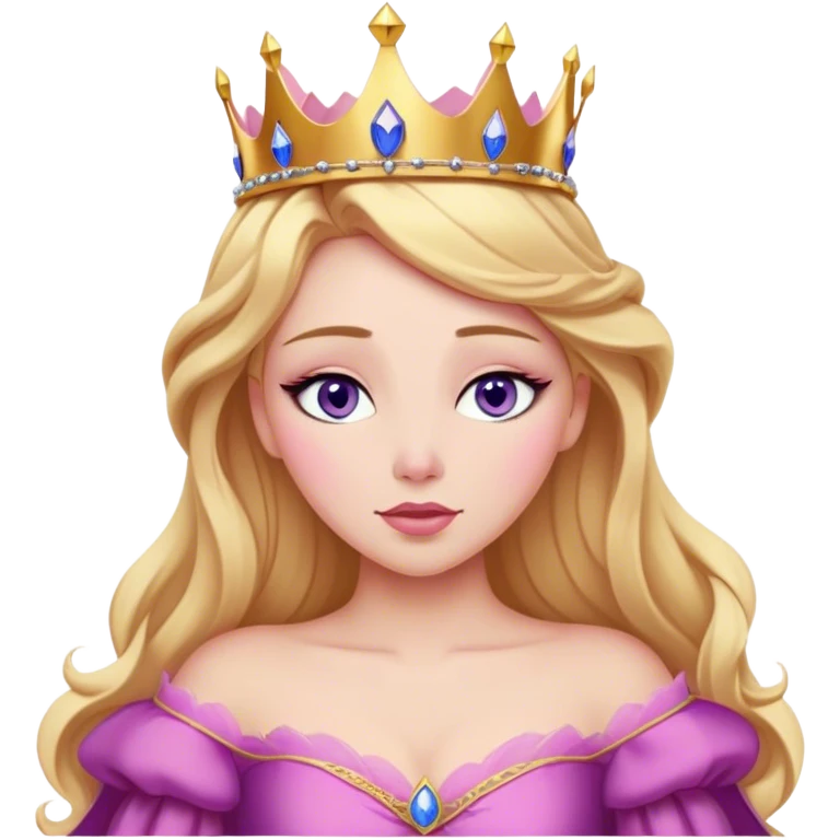 Cinematic Realistic Sleeping Beauty (Aurora) Portrait, with porcelain-like skin featuring a natural rosy flush, illuminated by soft lighting that highlights the gentle contours of her face. Her golden blonde hair flows in soft, detailed waves with subtle highlights that shimmer in the light. Her deep violet-blue eyes radiate warmth and innocence, framed by arched brows and long lashes. Her serene expression exudes quiet elegance. She is dressed in her classic pink gown, the fabric rich in texture with delicate folds that catch the light. A golden crown rests atop her head, gleaming with royal refinement. The portrait captures a soft, glowing aura, blending realism with an ethereal sense of beauty and timeless enchantment. emoji