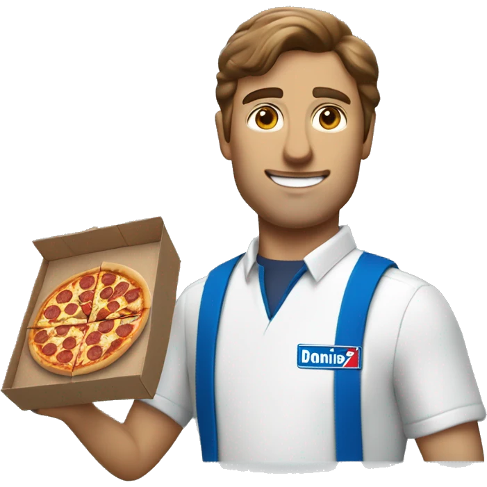 white man with brown hair working at dominos pizza with a pizza uniform emoji