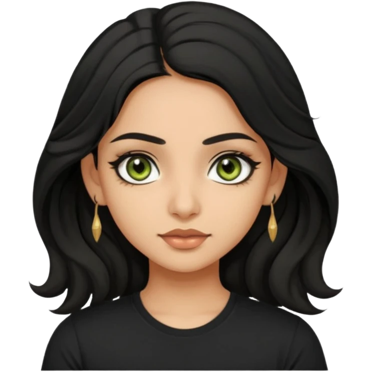 a pretty FAIR indian bratz girl with wavy black hair, wearing a black tshirt. eyeliner on, olive green eyes.  emoji