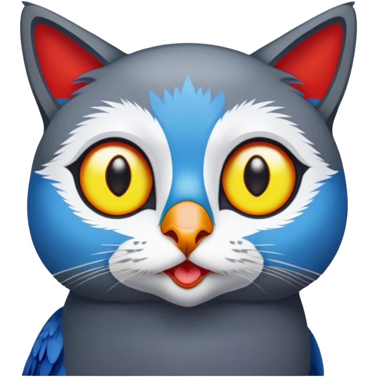 A dark grey cat and a blue and white parrot emoji