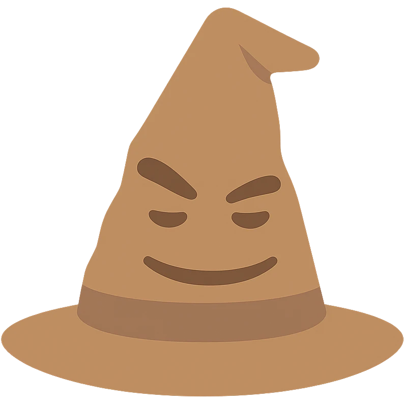 Hogwarts hat with squinting eyes and mysterious smile, in Color Filled style with sharp shadows and highlights, transparent background. emoji