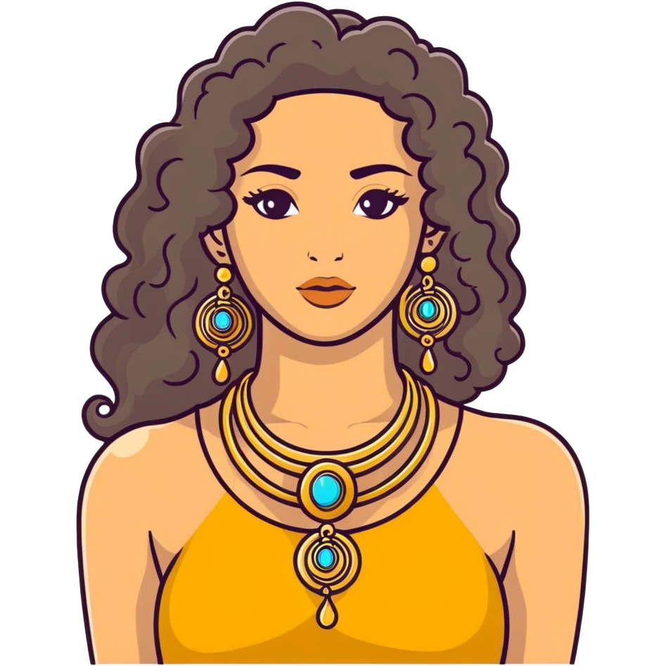 attractive Greek woman with long curly hair and light skin wearing gold Greek jewelry emoji