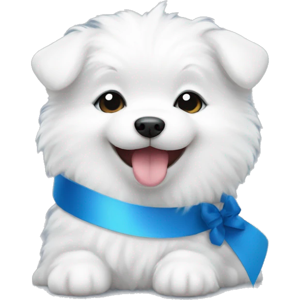 Samoyed puppy with big eyes and tongue smiling with blue Ribbon 
 emoji