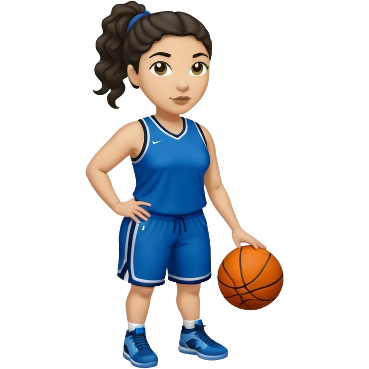 full body plus size light skin latino women basketball player with wavy dark hair in pony tail wide nose wearing blue uniform with green accent emoji