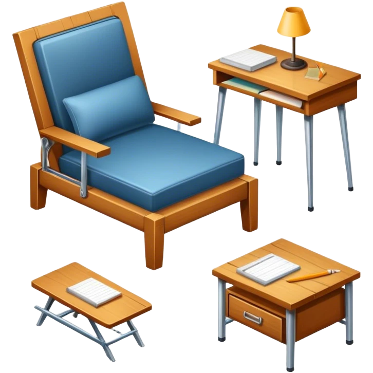 Icon for Furniture Design: a furniture drawing with 3D models of furniture pieces placed on top, accompanied by rulers and a pencil. The icon should represent the design process with focus on precision and modeling. Transparent background. emoji
