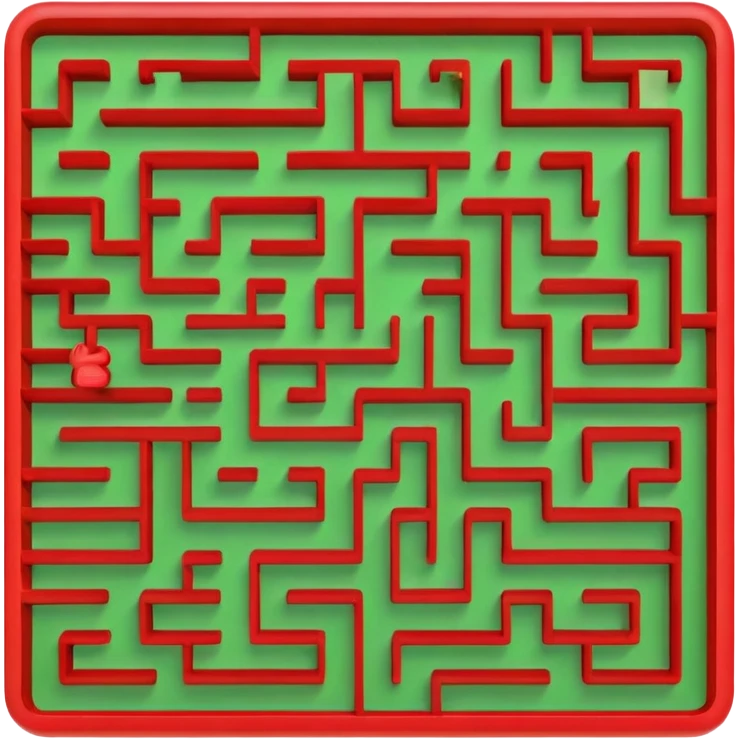 Create a realistic emoji of a maze with different patterns in red which show the wrong way and one way which shows the right way across the maze in green emoji